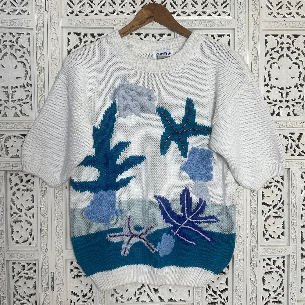 Vintage Cervelle Beachy Nautical Ocean Knit Short Sleeve Sweater Sz‎ Small